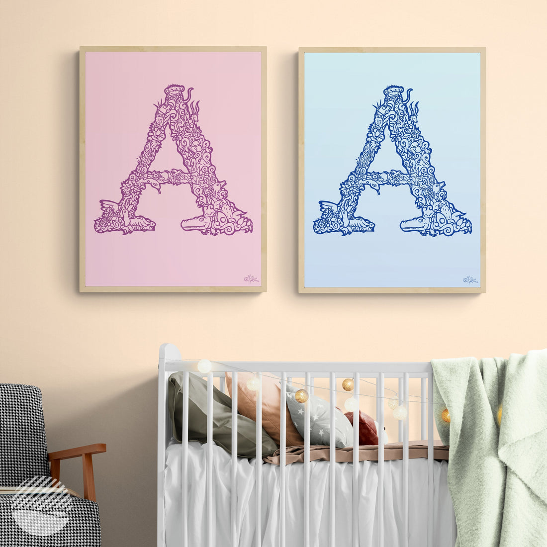 A, Danish Edition by Alpe hand-drawn alphabet art print displayed framed in a bright children's room